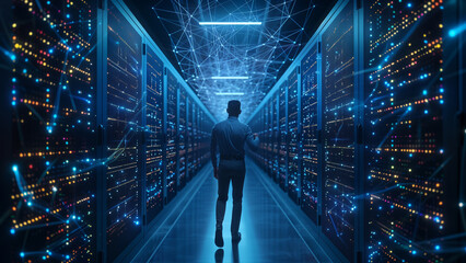 male in futuristic datacenter. blue style.