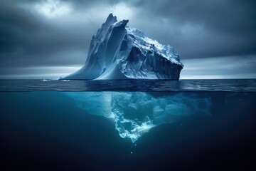 Iceberg floating on dark sea, large part visible underwater, smaller tip above surface - obrazy, fototapety, plakaty