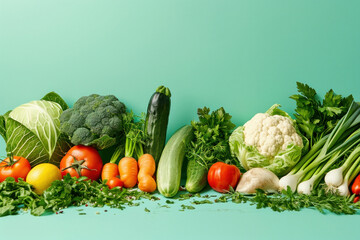 Assorted fresh vegetables in a row on turquoise background; broccoli, cauliflower, cabbage,...