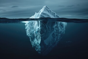 Iceberg floating on dark sea, large part visible underwater, smaller tip above surface - obrazy, fototapety, plakaty