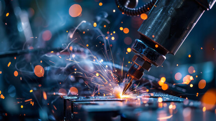 Precision laser welding of battery tabs, with sparks and laser equipment softly blurred - obrazy, fototapety, plakaty