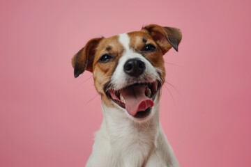 Jack Russell Terrier Dog winking and sticking out tongue on solid color bright background - obrazy, fototapety, plakaty