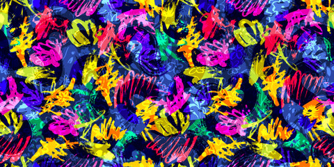 Seamless pattern with scribble brush strokes, flowers, plants. Bright neon colors. 