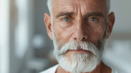 A man with a beard and gray hair is looking at the camera. He has a serious expression on his face - obrazy, fototapety, plakaty