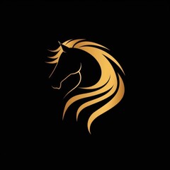Fototapeta premium A striking illustration featuring an elegant, stylized golden horse's head and mane set against a deep black backdrop, embodying grace and strength