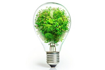 Light bulb with green vegetation inside isolated on white background. Green renewable energy or recycling theme