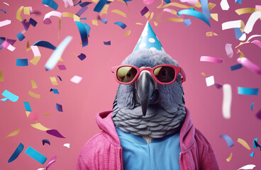 Happy Parrot wearing party's hat on birthday celebrating.