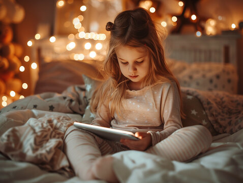 Captured in a cozy bedroom setting, a charming girl child sits comfortably on her bed, absorbed in content on a tablet