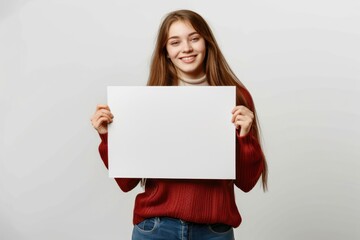 smiling woman holding a large white blank card with space for text, graphic or text isolated on white background