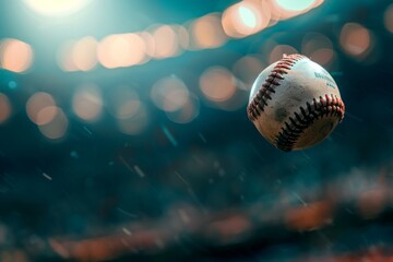baseball ball floating in air in a frozen moment with blurred base and outfield in background. - Powered by Adobe