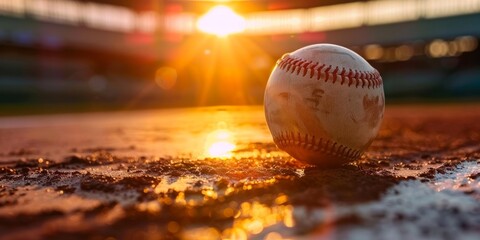 baseball ball floating in air in a frozen moment with blurred base and outfield in background.