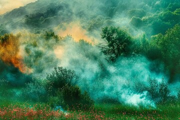 Fire in the meadow and forest on a sunny summer day. Smoke from burning grass and flowers.