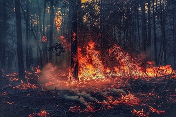 Fire in the forest, burning dry grass and trees in the background
