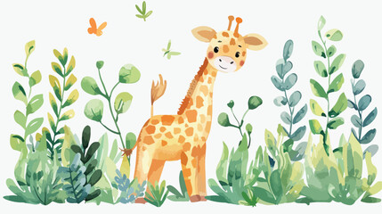 Watercolor cute baby giraffe and plants flat cartoon