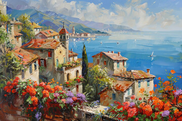 beautiful oil painting of an old mediterranean european town - obrazy, fototapety, plakaty