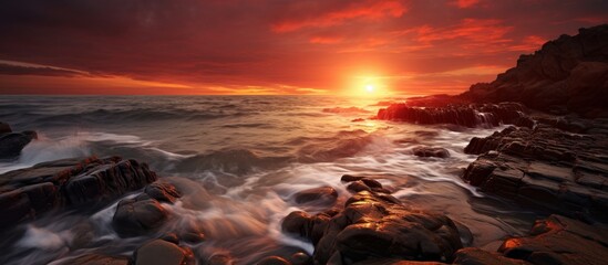 a sunset over a rocky beach with waves crashing against the rocks - Powered by Adobe