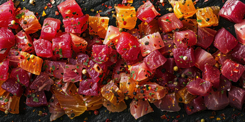Fototapeta premium Freshly Sliced Raw Tuna with Spices and Pepper on Black Stone Surface, Top View Composition