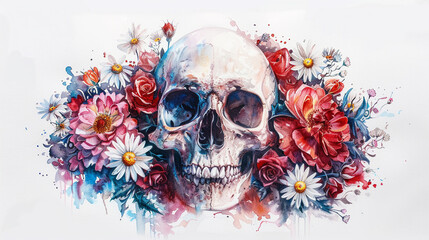 A watercolor illustration of a human skull adorned with vibrant roses and daisies symbolizing the contrast between life and death