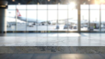 Stone table top with copy space. Airport background