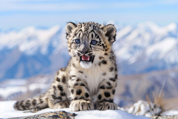 A playful snow leopard cub with a mischievous grin and big, blue eyes
