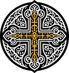 Vector illustration of an ornamental Christian cross, featuring a Celtic cross or Armenian Khachkar design within a circular frame, incorporating Christian motifs and Catholic ornamentation. 