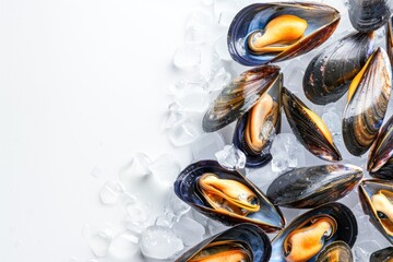 Mussels on a white background. ice and mussels
