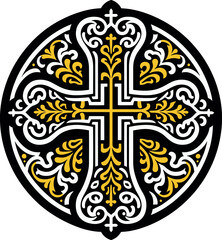 Vector illustration of an ornamental Christian cross, featuring a Celtic cross or Armenian Khachkar design within a circular frame, incorporating Christian motifs and Catholic ornamentation. 
