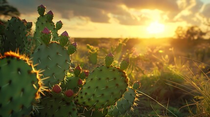 Closeup of prickly pear cactus and tuna fruit in texas landscape with sunset in background