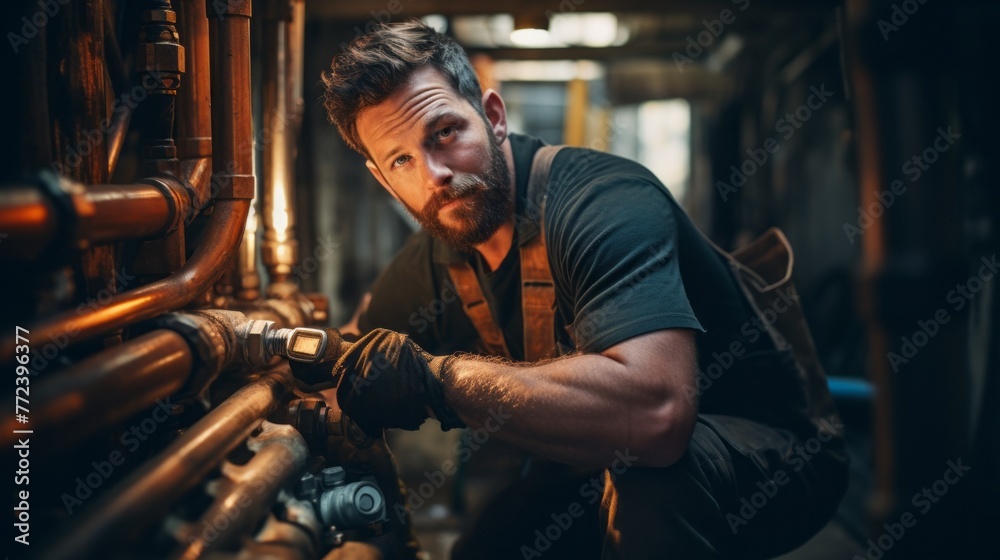 Poster a man is working on a pipe in a dark room