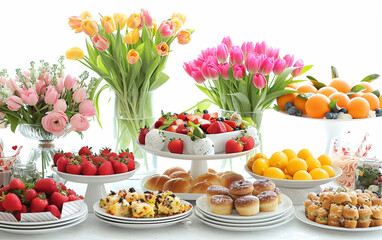 Food and Flowers Setup Isolated On White Background.