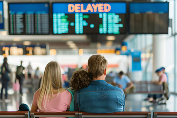 A family with their backs turned, sitting on the airport benches, while they watch on the airport screens that their flight has been delayed. Travel, family, airport concept.