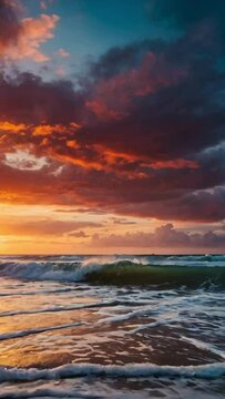 Stunning colorful sunset over the beach as waves are crashing in