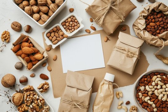 Paper eco-friendly packaging for sale with various nuts and white blank label for name on light background