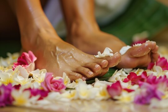 Pedicure treatment being performed on female feet at a spa