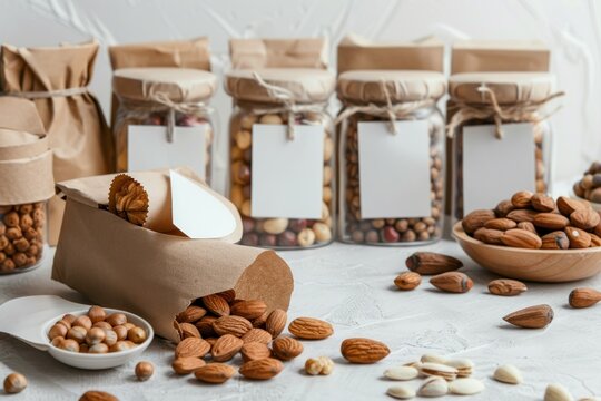 Paper eco-friendly packaging for sale with various nuts and white blank label for name on light background