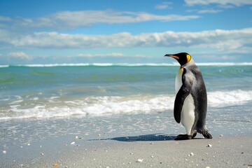 Penguin on vacation sunny beach with ocean