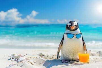 Penguin on vacation sunny beach with ocean