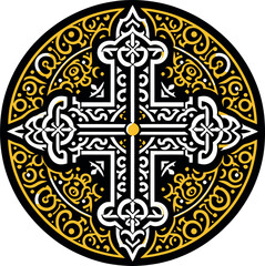 Vector illustration of an ornamental Christian cross, featuring a Celtic cross or Armenian Khachkar design within a circular frame, incorporating Christian motifs and Catholic ornamentation. 