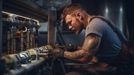 Obraz premium A man with tattoos on his arms is working on a pipe