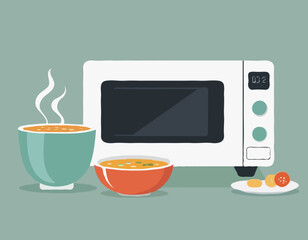 A microwave oven with tumblers and buttons, a kitchenware appliance with a bowl of soup warming inside

