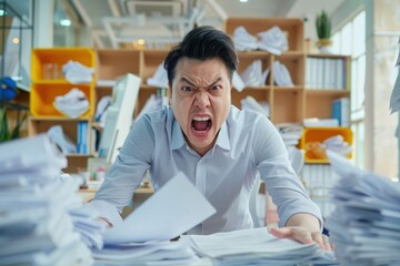 Pissed off asian office worker cluttered with paperwork shouting, theme or concept of a rush at work