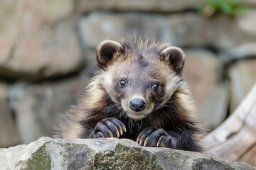 A goofy wolverine cub with a surprised expression and big, fluffy paws