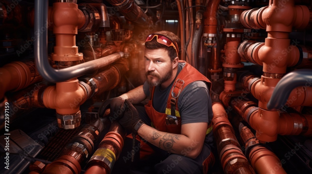 Aufkleber a man in a red vest is working on a pipe