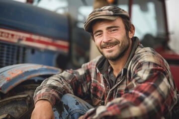 Portrait of a smiling farmer sitting next to a tractor in working clothes - obrazy, fototapety, plakaty