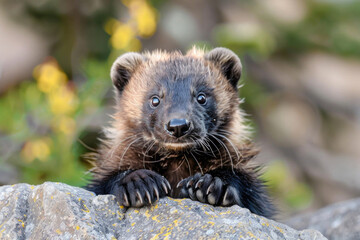 A goofy wolverine cub with a surprised expression and big, fluffy paws - obrazy, fototapety, plakaty