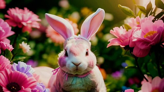 Charming Cute Easter Bunny in the Middle of a Blooming Garden