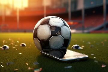 Competitive Smartphone soccer ball game. Internet field. Generate Ai - obrazy, fototapety, plakaty