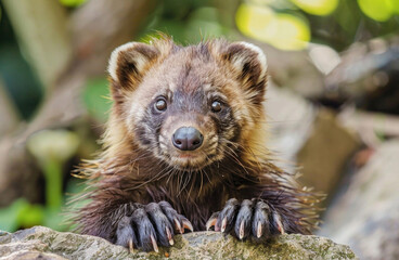A goofy wolverine cub with a surprised expression and big, fluffy paws - obrazy, fototapety, plakaty