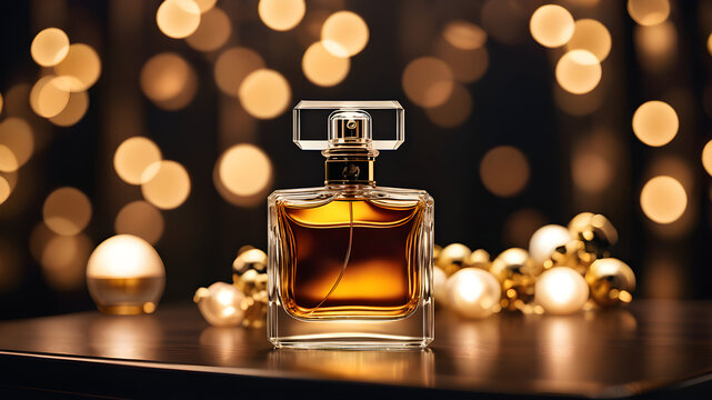 Imagine a golden perfume bottle surrounded by tags like glass, liquid, beauty, fragrance, creating an image of luxury and elegance in the world of cosmetics and scents