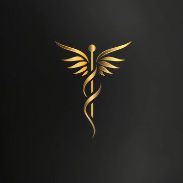 A striking gold caduceus symbol, often associated with medicine and healing, stands out against a sleek black backdrop, conveying a sense of luxury and professionalism